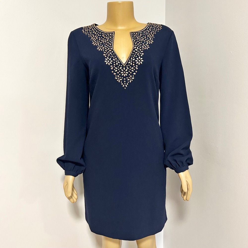 TRINA TURK Navy Blue Embellished V Neck Long Sleeve Shift Dress Size 6‎